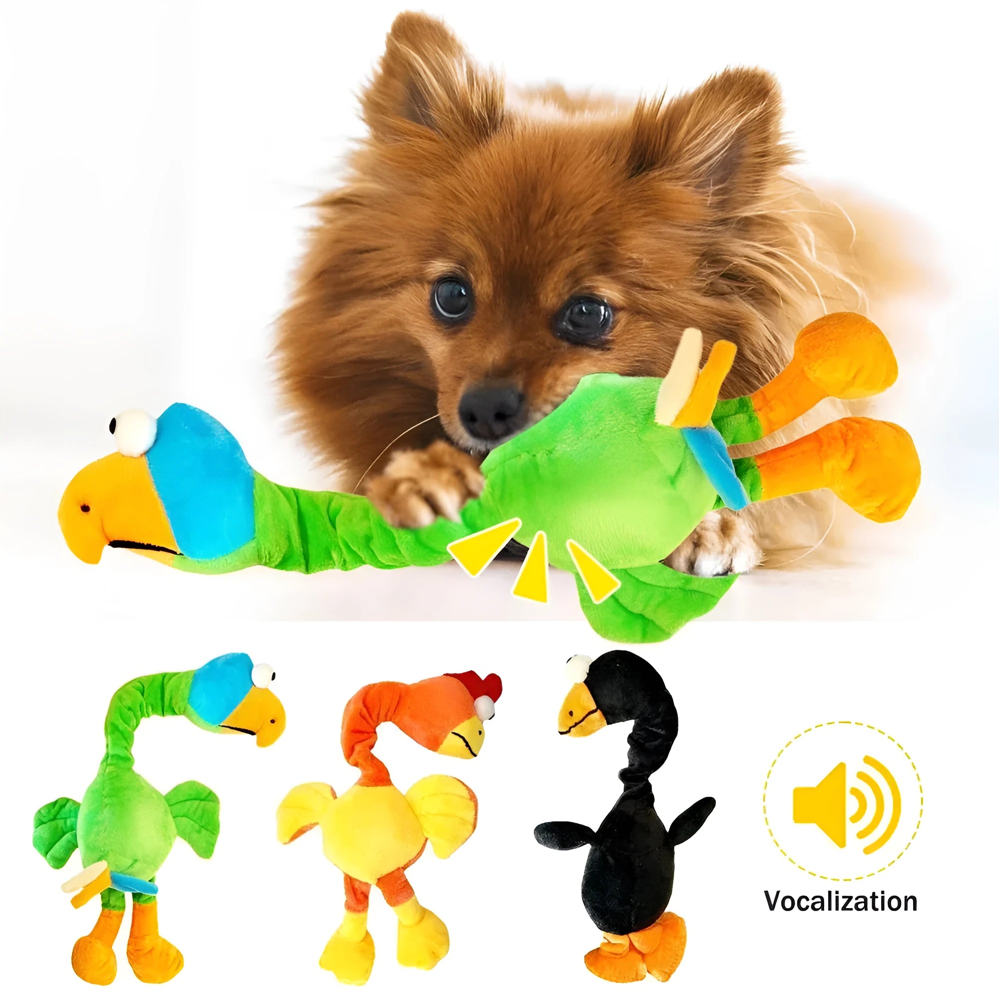 Screaming chicken dog toy in black, green or orange colours with squeaker