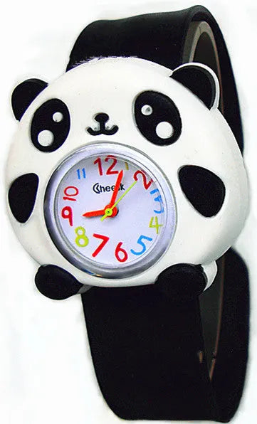 3D cute cartoon kids silicone watch with a 3.6cm face in a Black panda design showing the time on a white background
