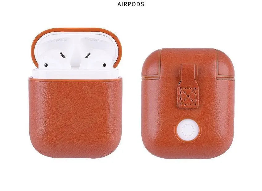 Genuine leather protective case for Apple AirPods in black, brown, light brown, and red.