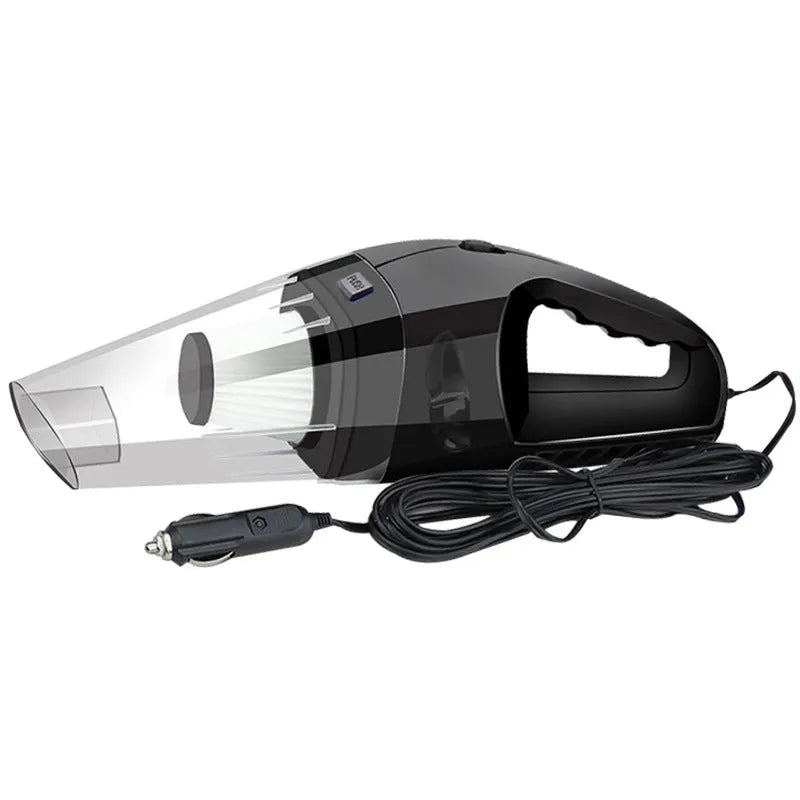Orange handheld 12v car vacuum cleaner with nozzle attached on a car seat.