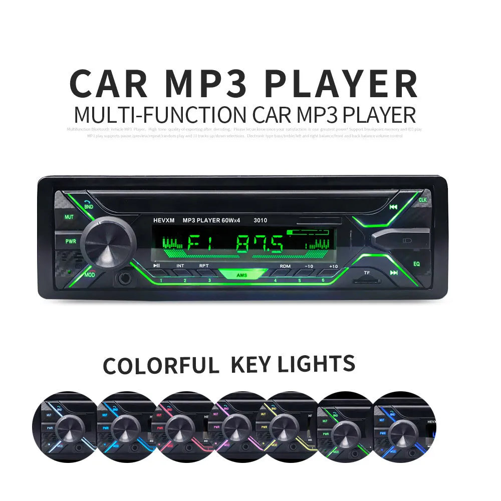 Car radio MP3 player unit with display, control buttons, USB port, and TF card slot
