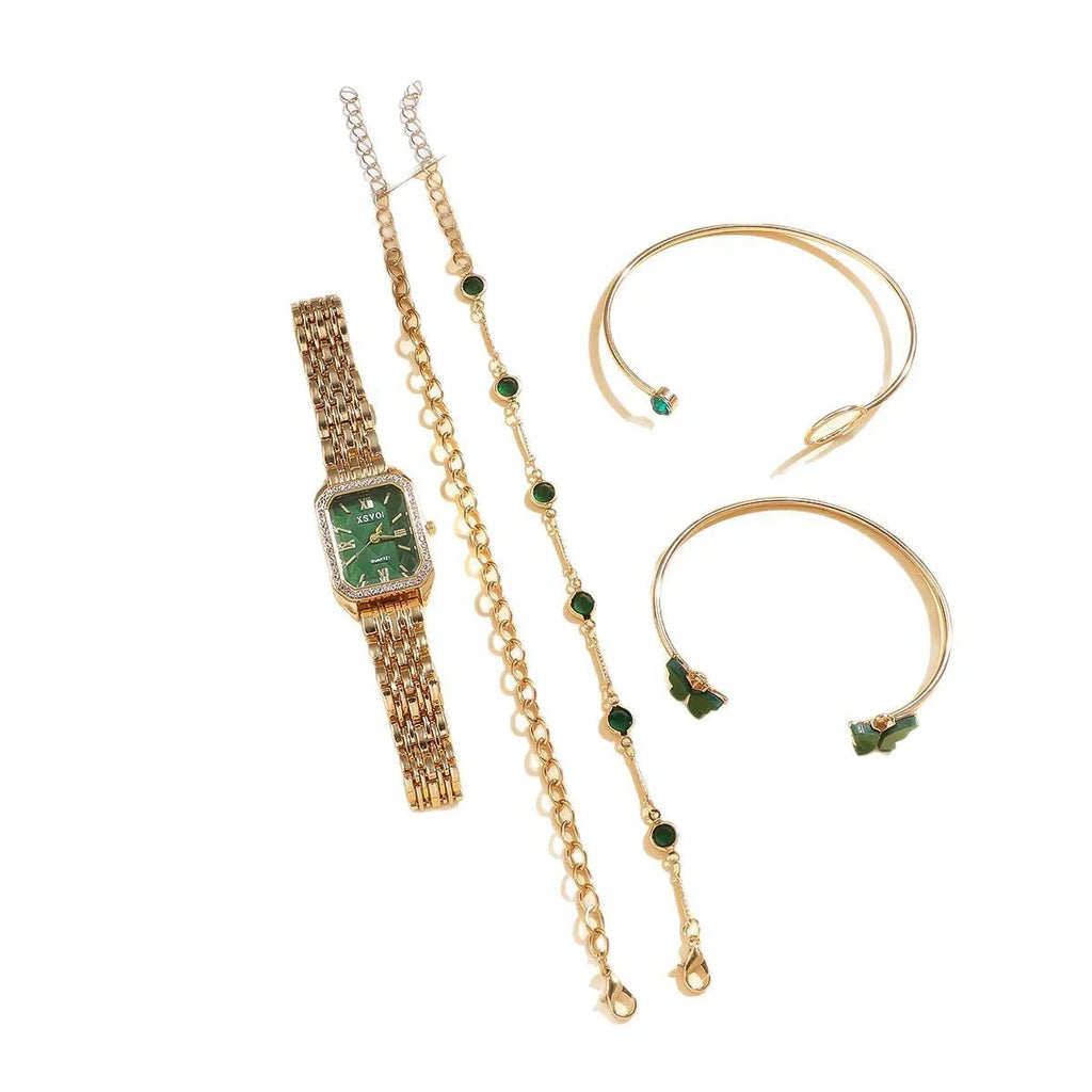 Gold green square women's watch and four matching butterfly bracelets from a five-piece fashion jewellery set.