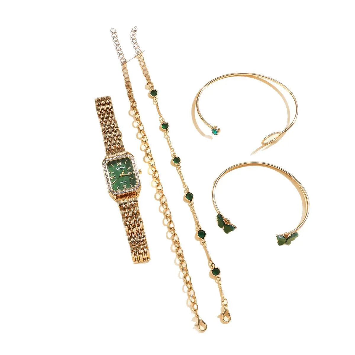 Gold green square women's watch and four matching butterfly bracelets from a five-piece fashion jewellery set.