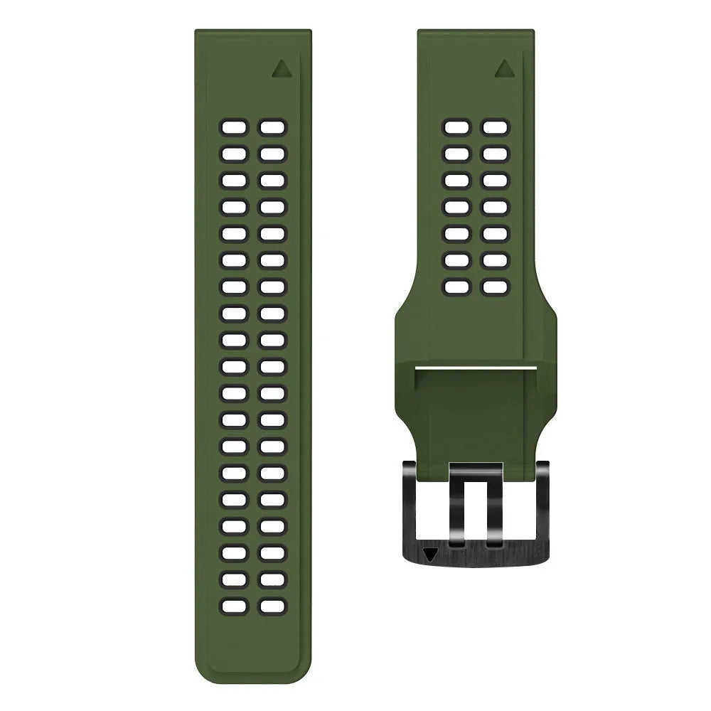 Two-tone quick release silicone watch strap on a pin buckle, shown in an army green and black colour combination.