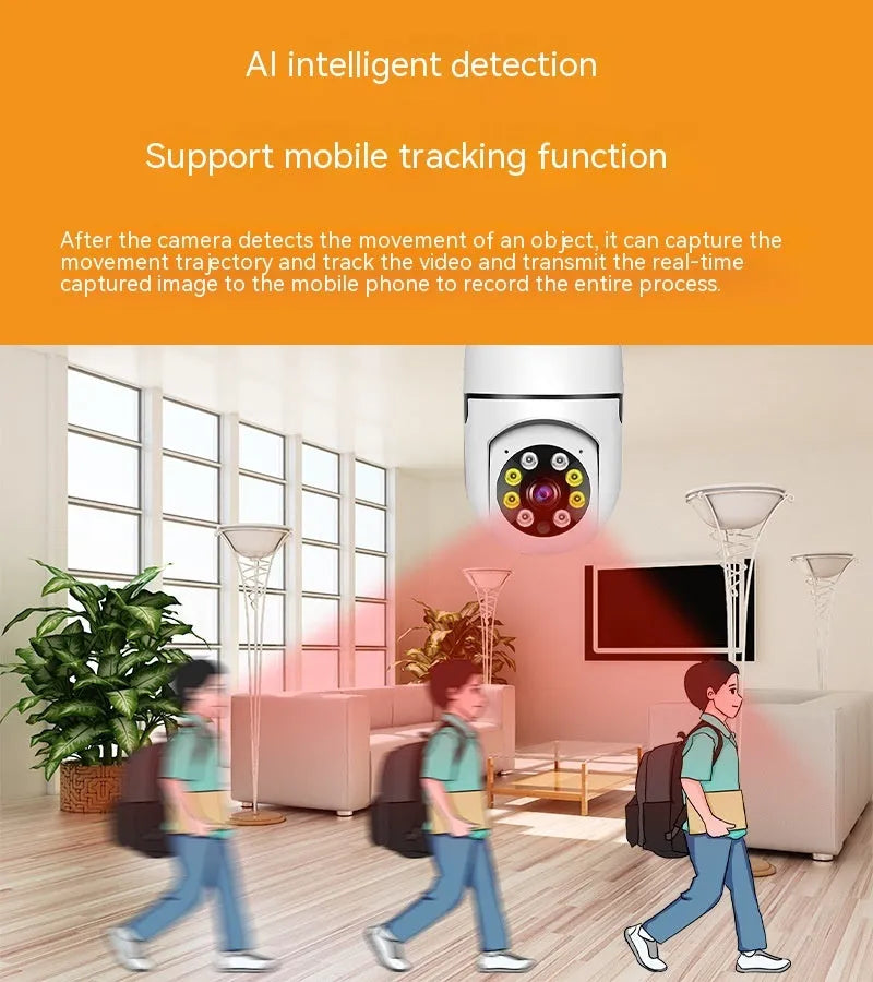 Wireless WiFi bulb security camera showing compact 5cm diameter design with plastic and metal housing