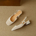 Beige women's woven sandals with a chunky heel, closed toe, and buckle strap on a white background.