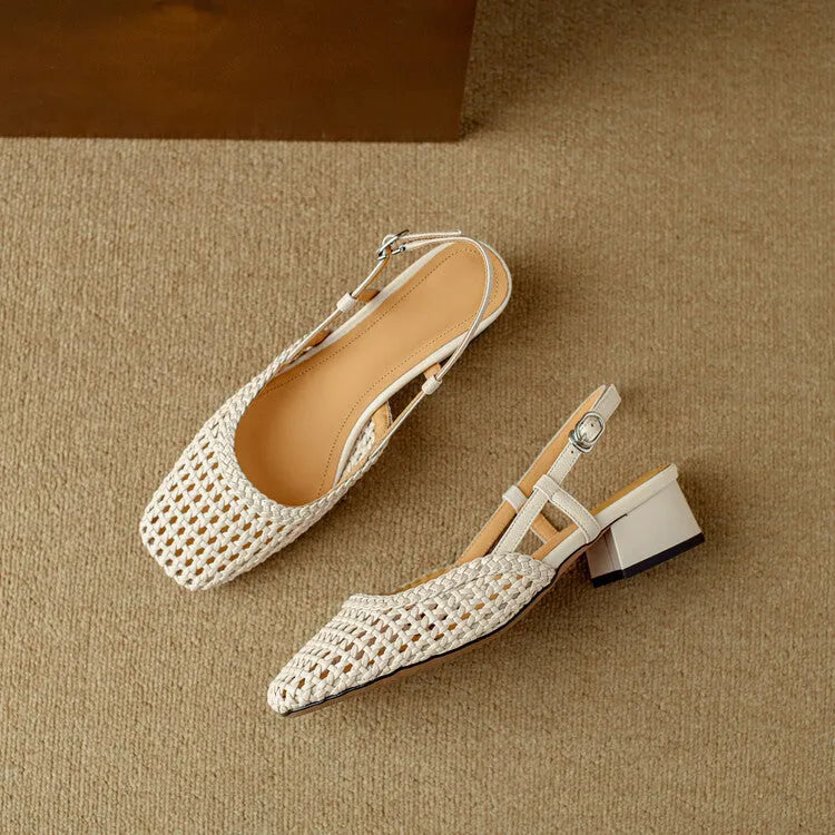Beige women's woven sandals with a chunky heel, closed toe, and buckle strap on a white background.