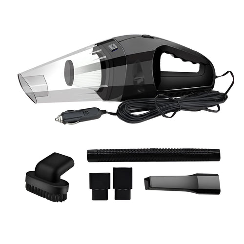 Orange handheld 12v car vacuum cleaner with nozzle attached on a car seat.