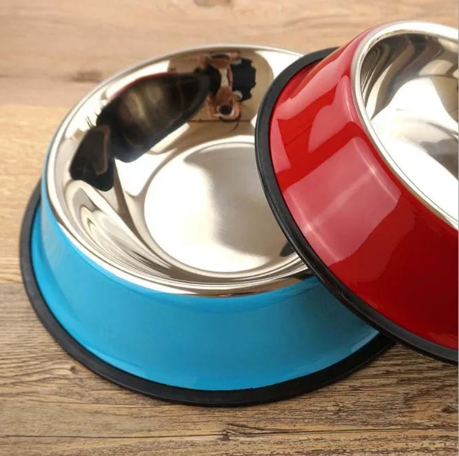 Stainless steel and colourful melamine dual pet feeding bowl with non-slip rubber base
