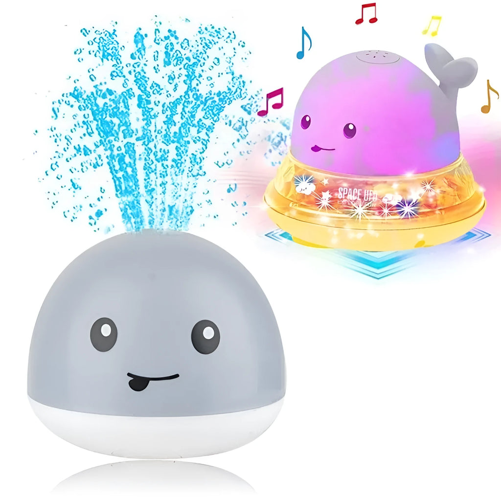 Electric induction whale bath toy with water spray and LED lights for baby bath time