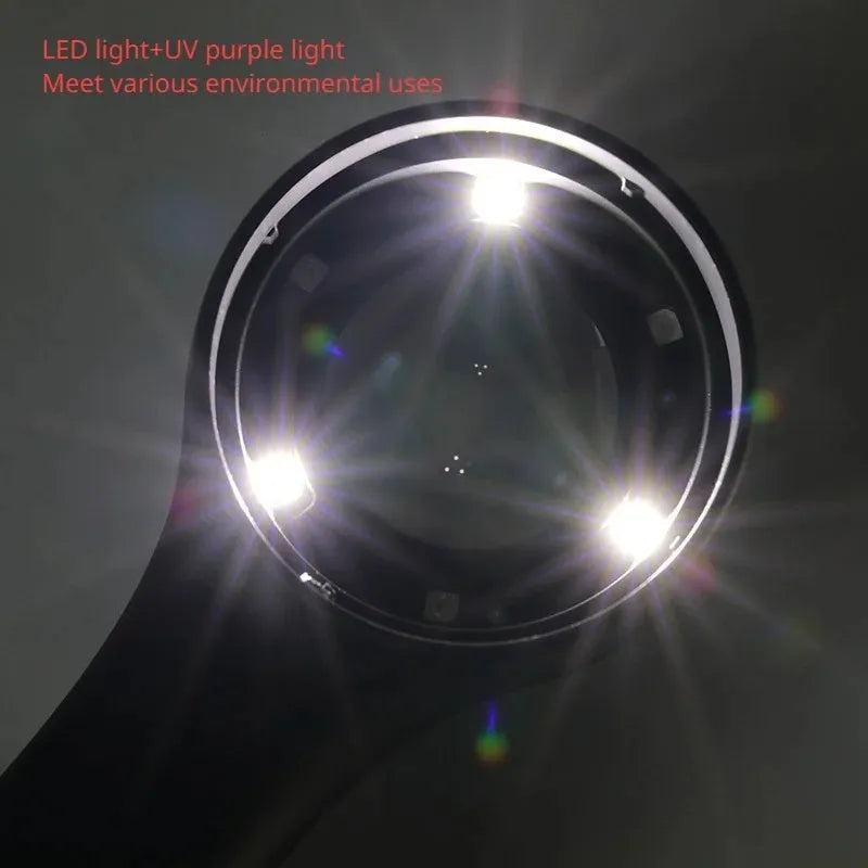 Black and silver metal jewellery appraisal magnifying glass with optical glass lens and USB-C cable.