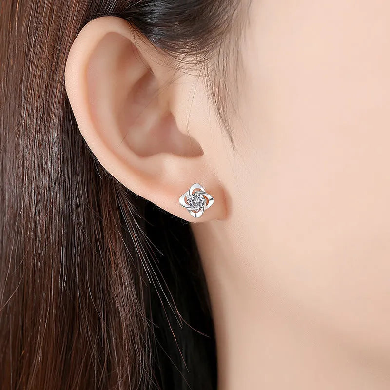 Female creative S999 pure silver four leaf clover ear stud with blue diamond and plastic ear plug