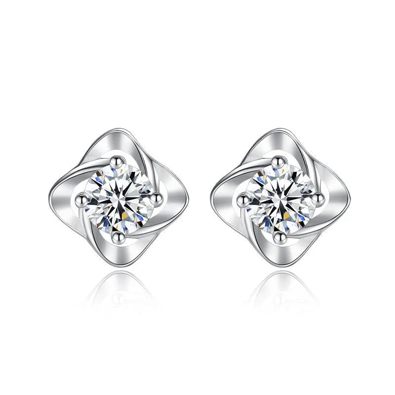 Female creative S999 pure silver four leaf clover ear stud with blue diamond and plastic ear plug