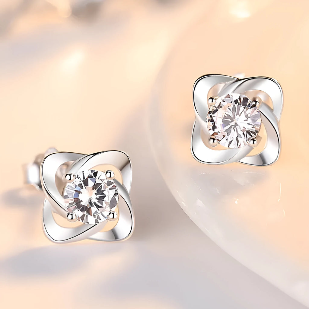 Female creative S999 pure silver four leaf clover ear stud with blue diamond and plastic ear plug