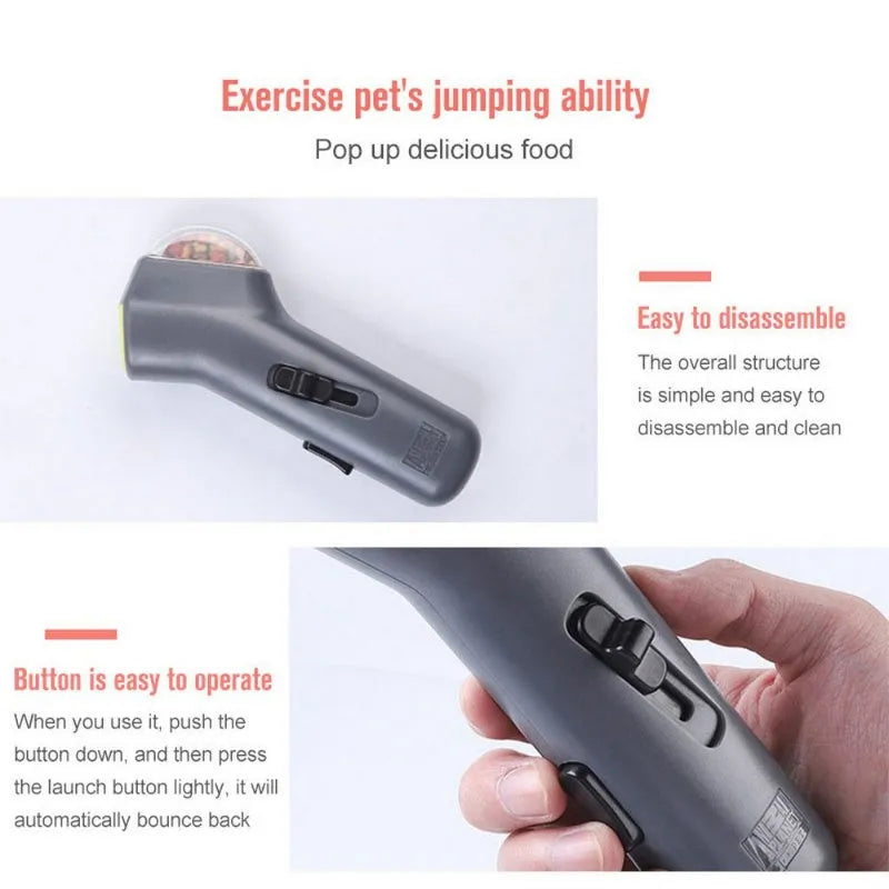 Grey plastic pet snack catapult launcher for dog training with measurements 18cm long