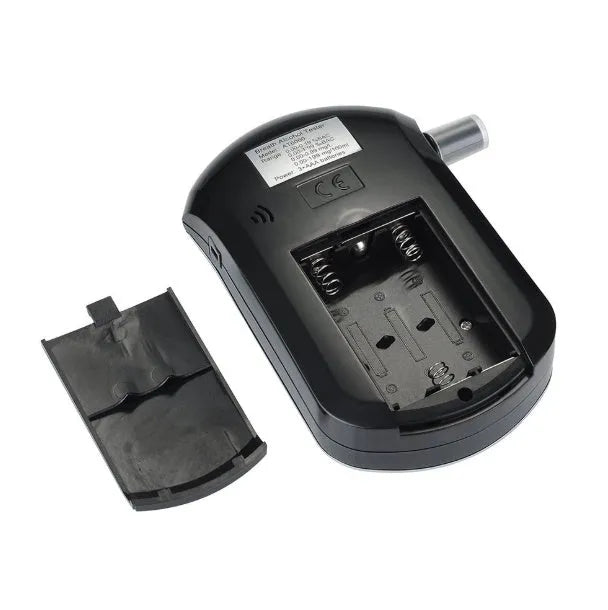 Black portable alcohol tester with digital screen and mouthpiece
