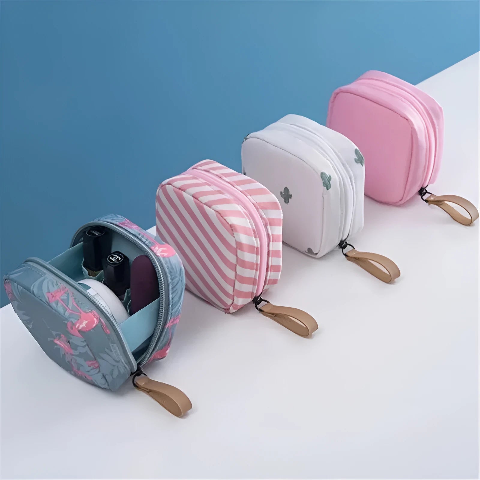 Cloth cube-shaped makeup storage bag in blue, pink, white, and white pink colour options.