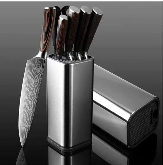 Black and white kitchen tool holder with 8-inch knife storage and detachable bucket on a countertop