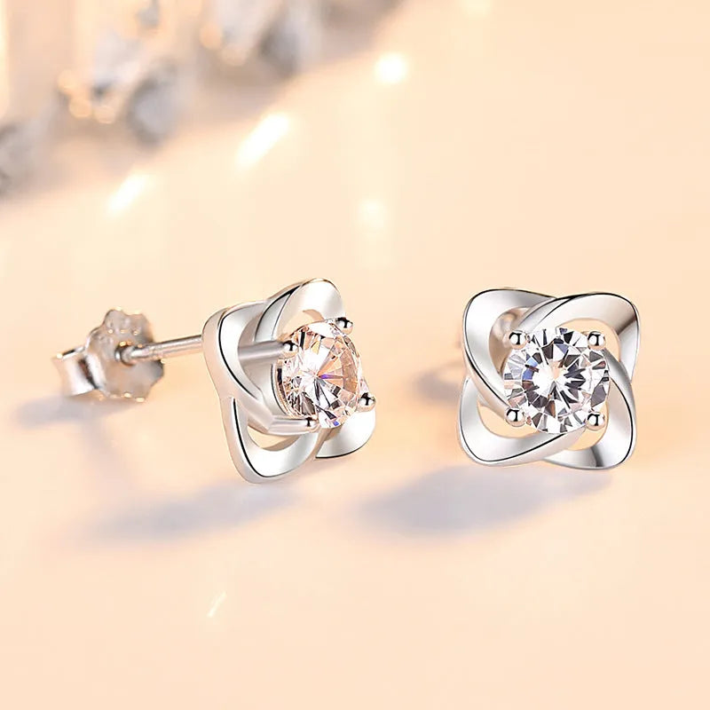 Female creative S999 pure silver four leaf clover ear stud with blue diamond and plastic ear plug
