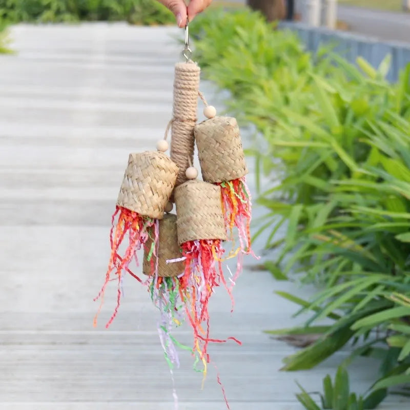 35cm wooden parrot chew toy with sisal rope and colourful paper shreds for foraging activity