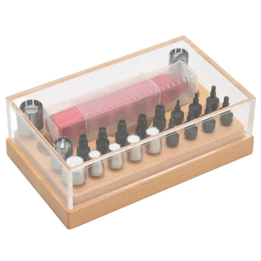 Steel watch repair tool kit with 20 pieces for opening cases and extracting tubes.
