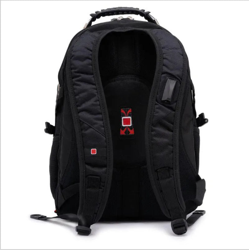 Black business computer backpack showing three compartments and internal organisers for 12-15 inch laptops