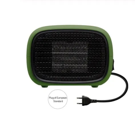 Mini ceramic heater in green, white, or yellow colours showing compact design with dimensions