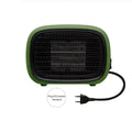 Mini ceramic heater in green, white, or yellow colours showing compact design with dimensions