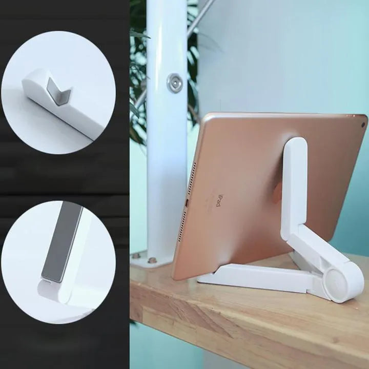 Black foldable tablet holder supporting tablet in landscape position on desk
