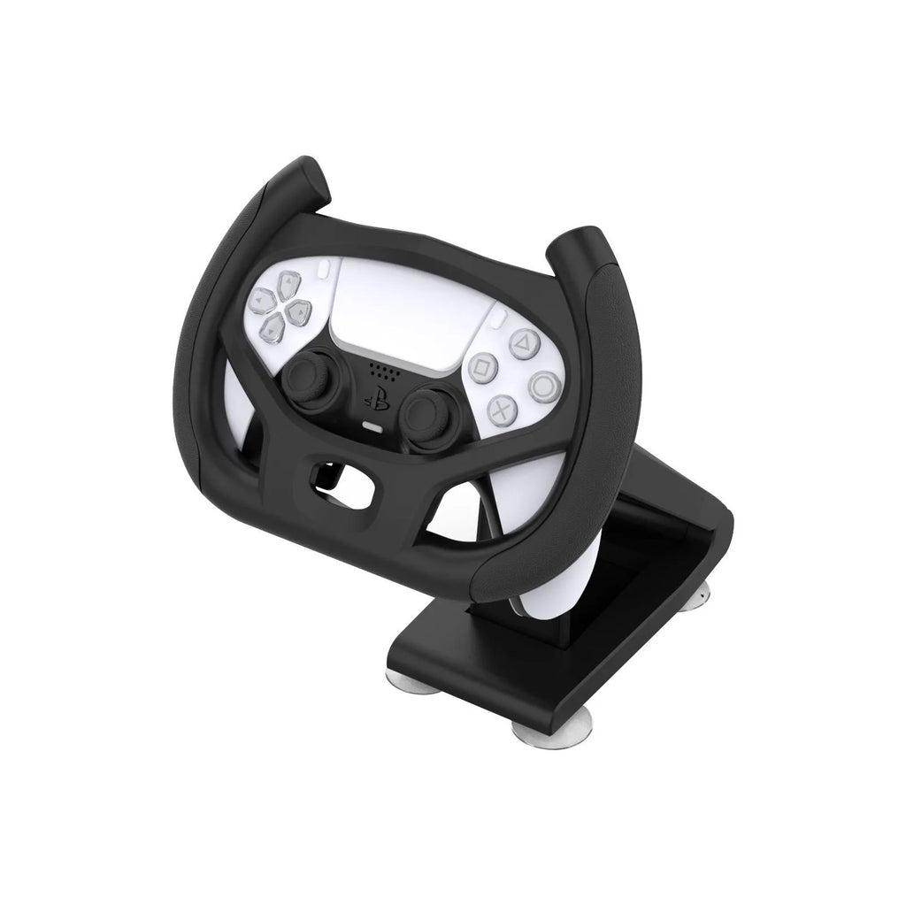 Black ABS plastic gamepad steering wheel bracket with a suction cup mount for mobile phone gaming.