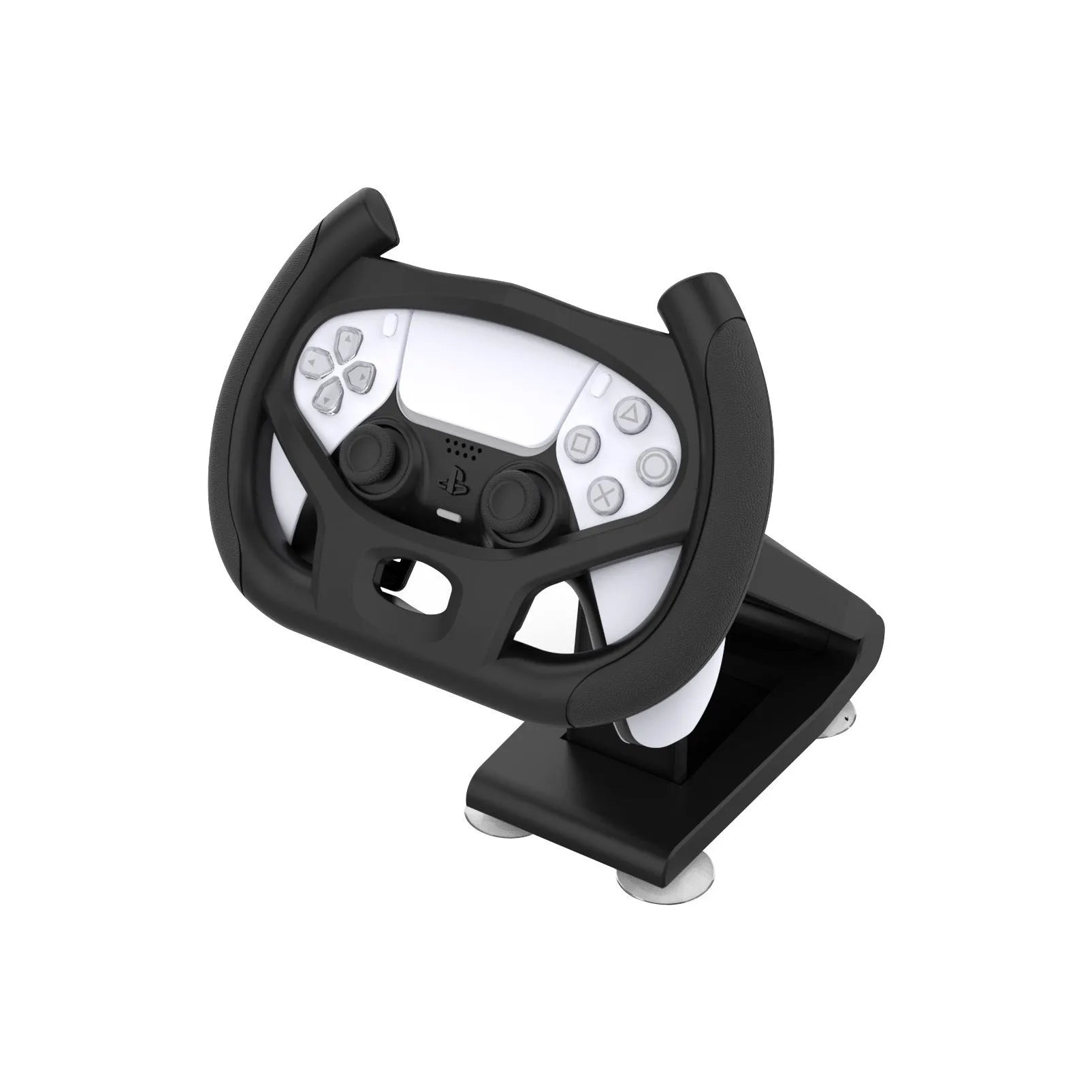 Black ABS plastic gamepad steering wheel bracket with a suction cup mount for mobile phone gaming.