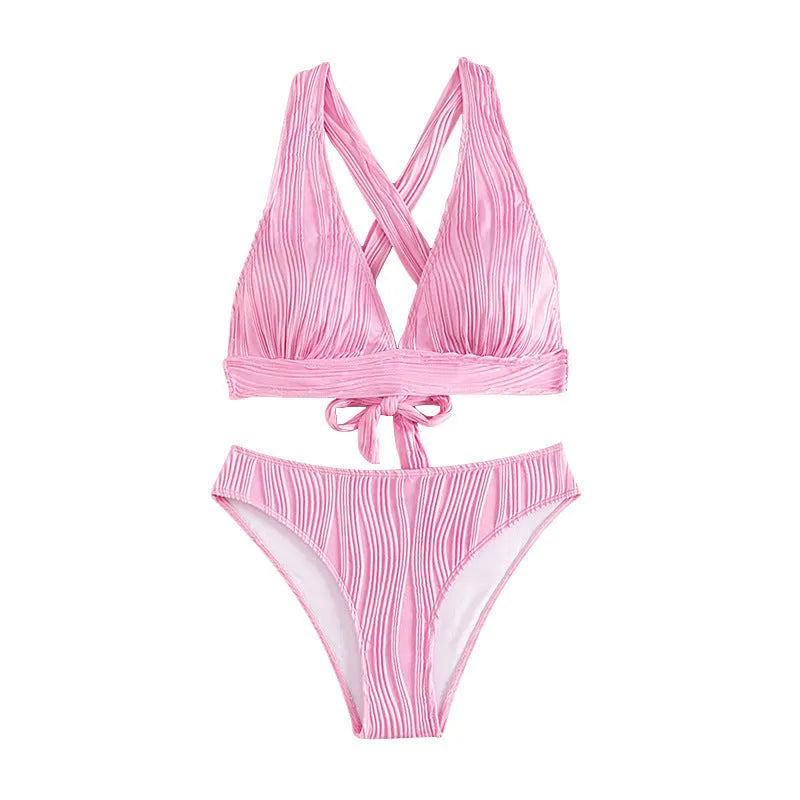 Pink and black women's halter strap bikini swimsuit set on a mannequin.