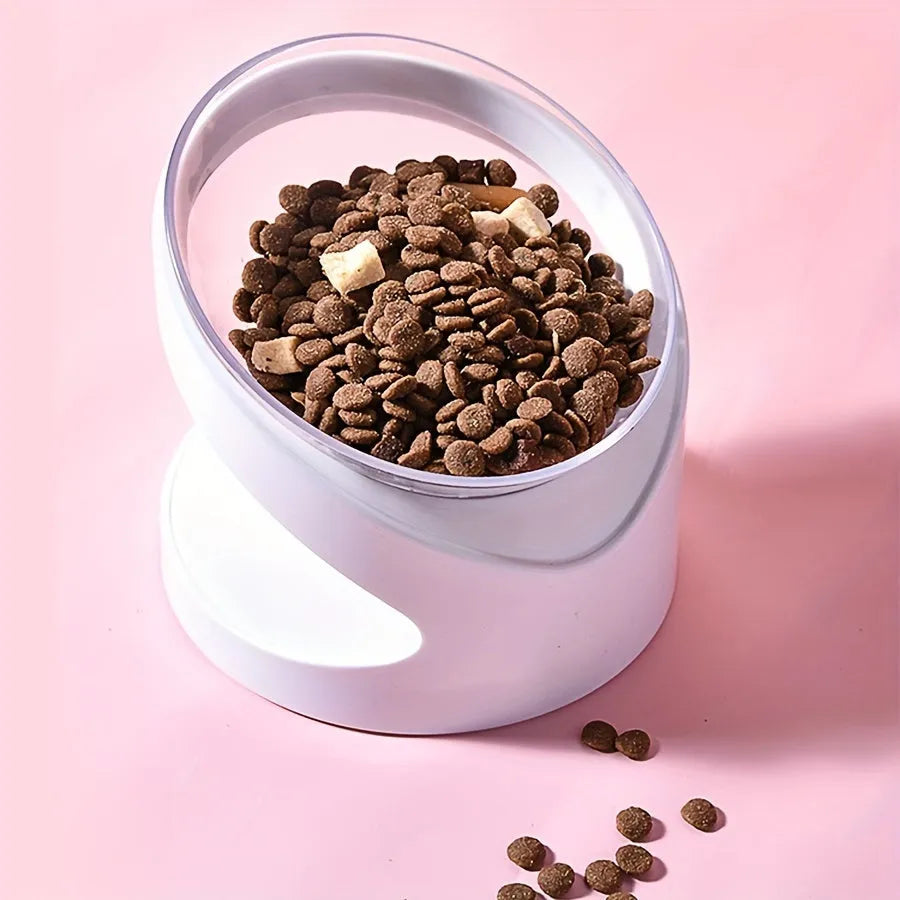 White elevated plastic cat food bowl with ergonomic tilt and anti-vomit design