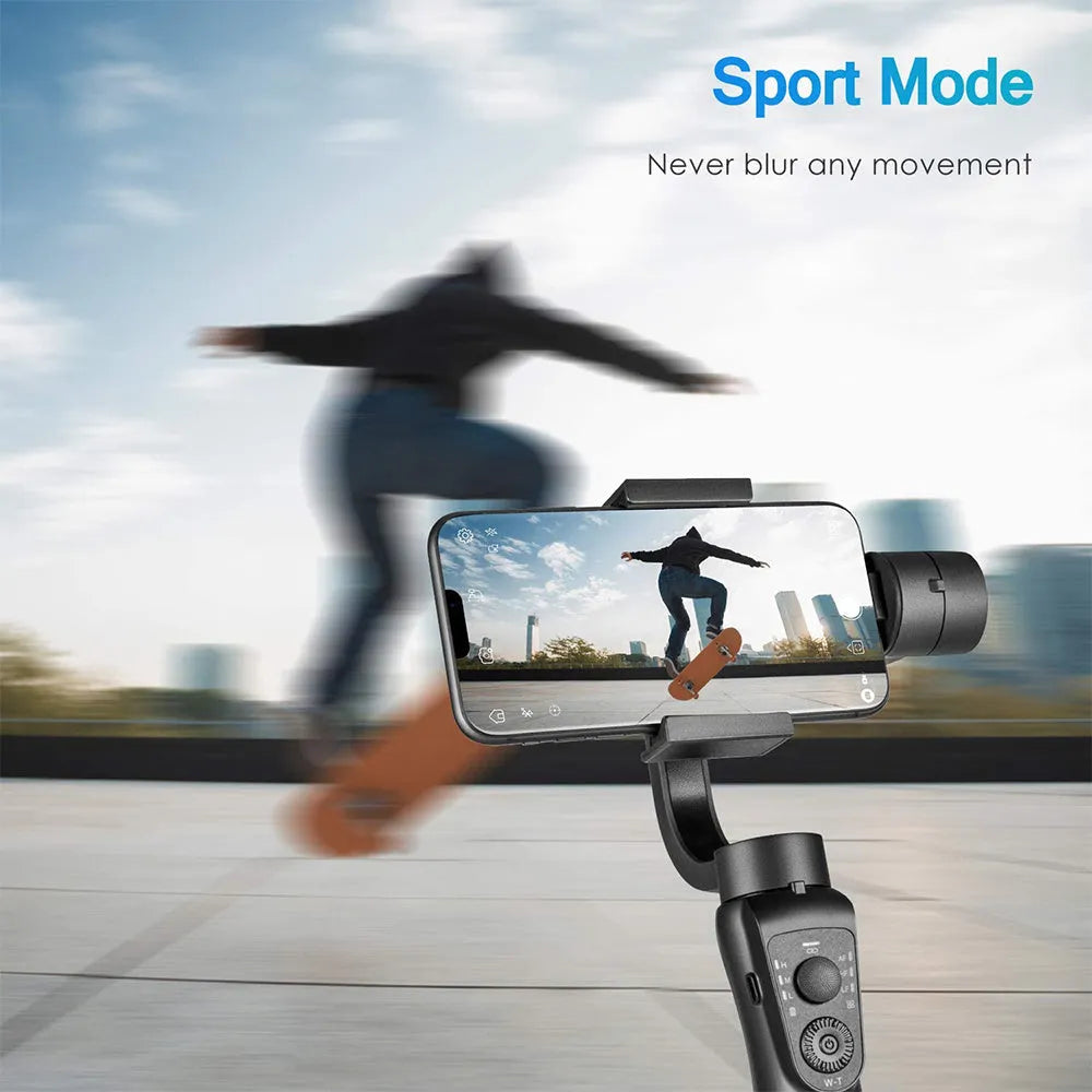 Black three-axis handheld phone gimbal stabiliser with tripod and hard case accessories