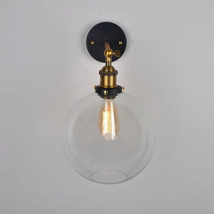 20cm retro round ball glass wall lamp with aluminium holder in transparent, amber or smoke grey