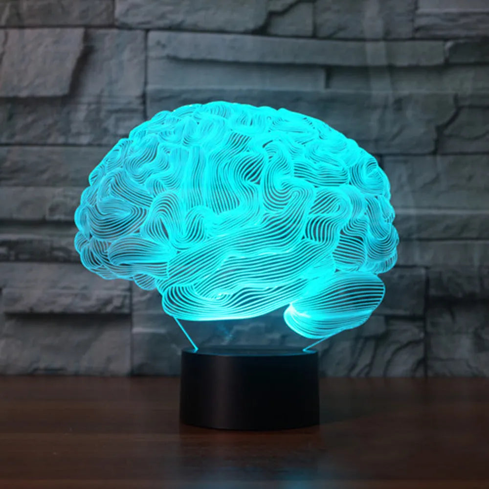 Brain design 3D acrylic LED desk lamp with remote control on a wooden surface