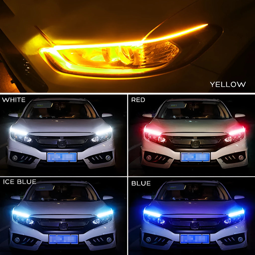 Car LED daytime running light strip with flowing turn signal function in silicone housing