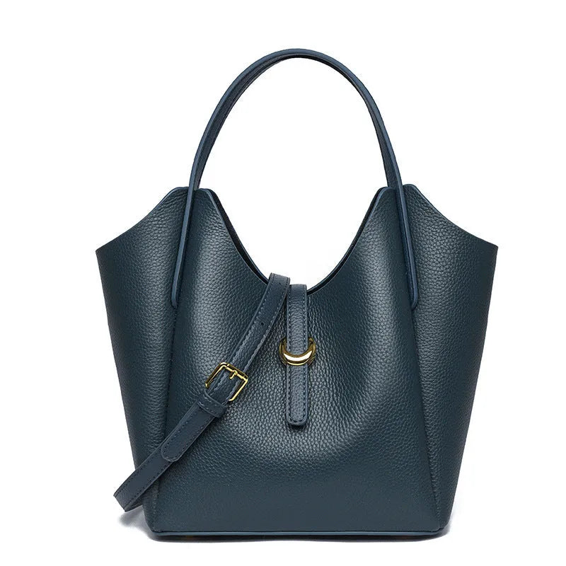 Genuine leather women's bucket bag in hand-held style with visible stitching details