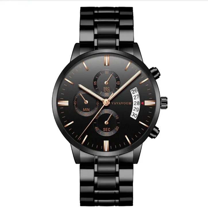 Men's stainless steel quartz watch with round 43mm dial, calendar display and butterfly buckle