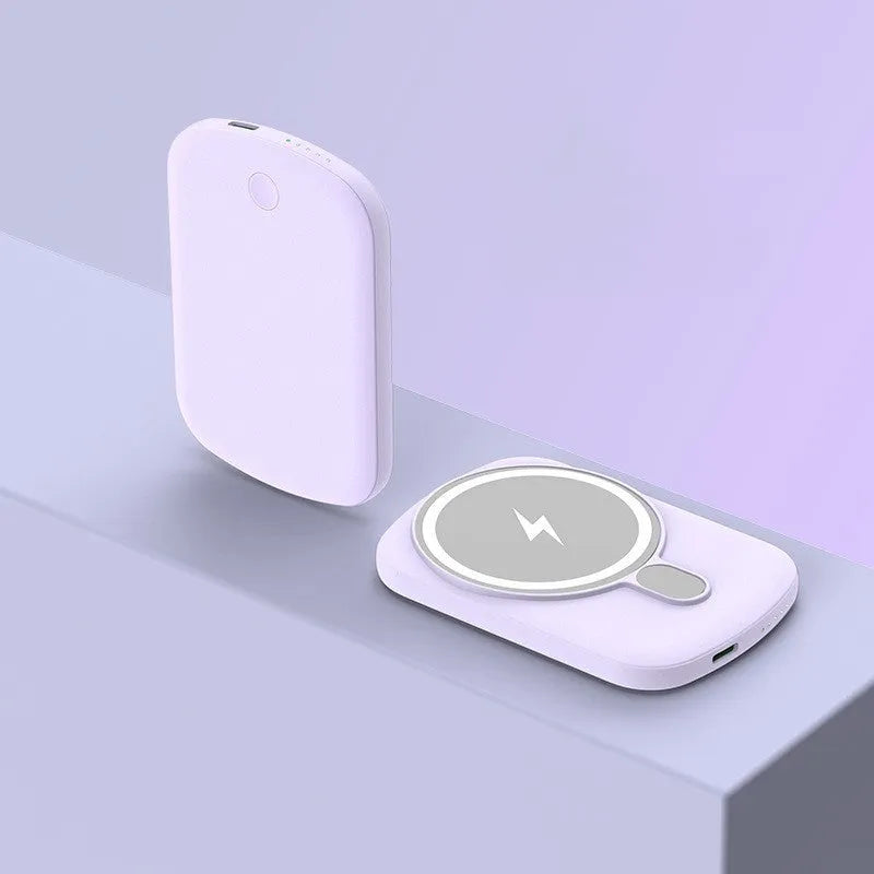 Magsafe magnetic wireless power bank in Barbie Pink, showing creative design and compact size.