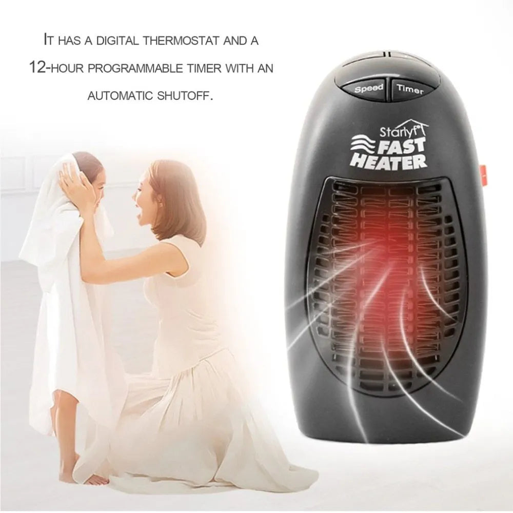 Black mini ceramic electric heater with digital display and rotating three-prong plug