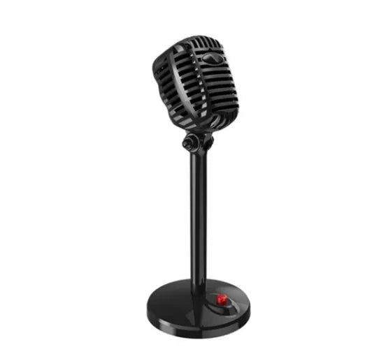 Black USB desktop computer microphone on a stable stand with an adjustable neck.