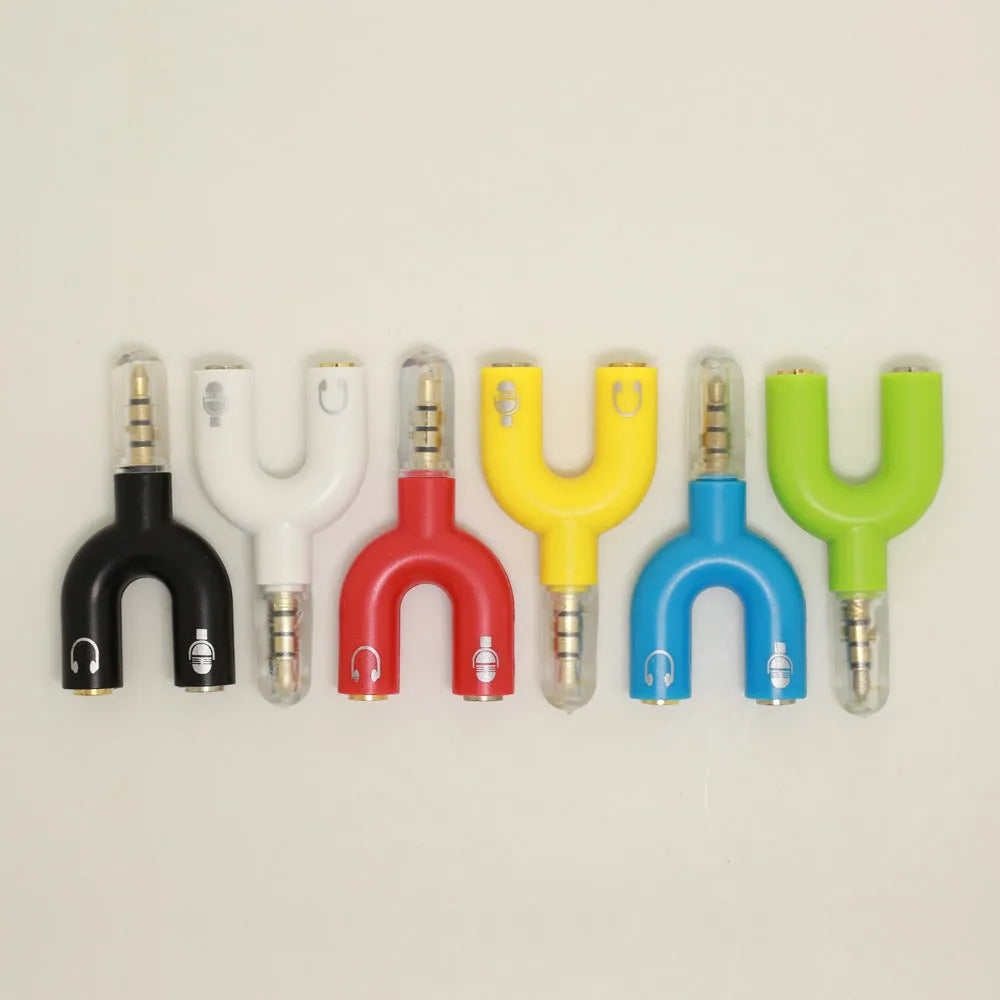 3.5mm audio splitter adapter with gold-plated connections in black, blue, green, red, white, or yellow