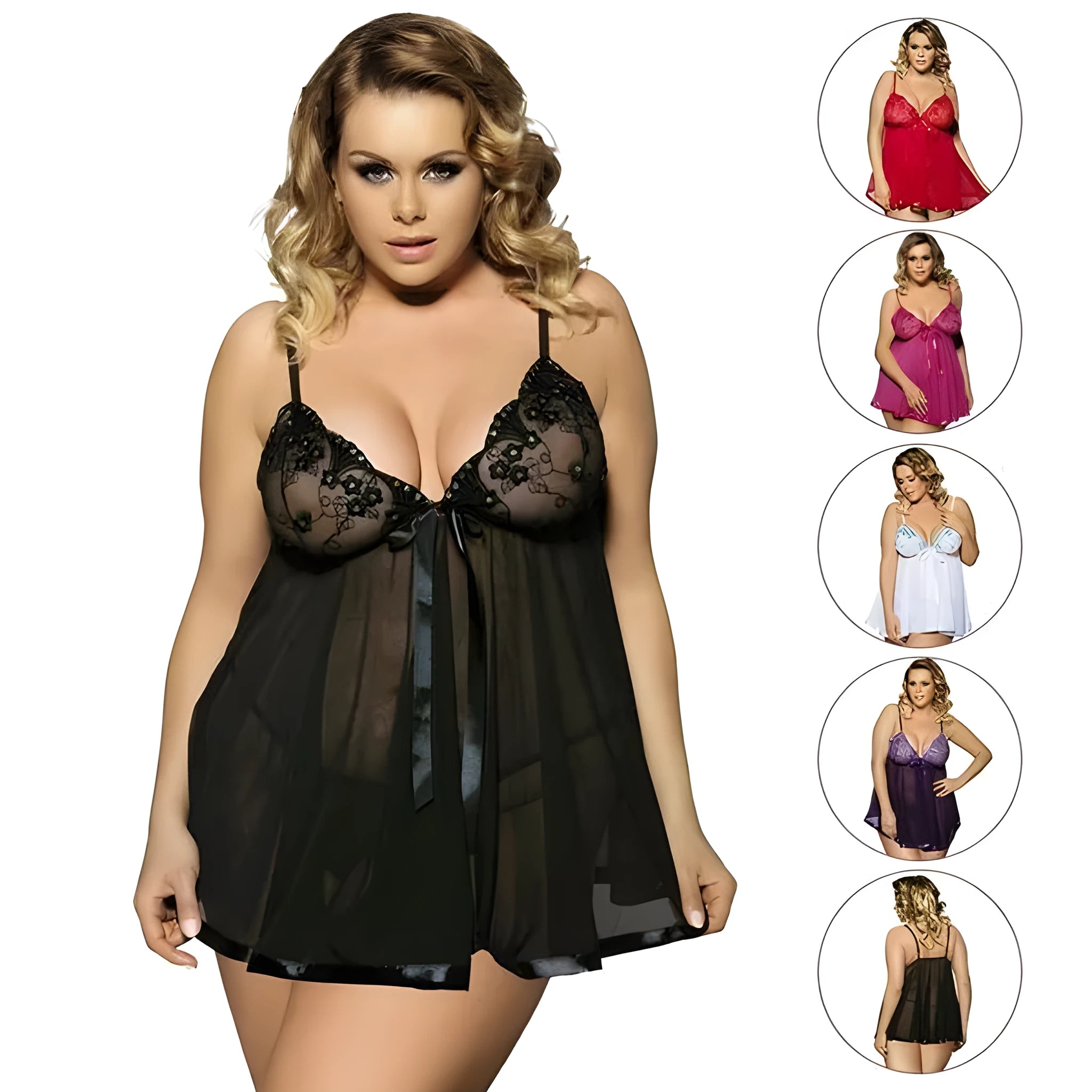 Women's purple lace mesh sleepdress on a hanger, showing seamless construction and sling dress style.