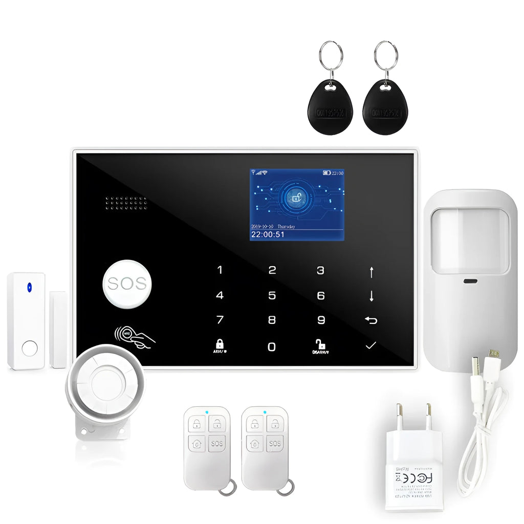 White WiFi GSM touch button household burglar alarm host unit with LCD display and button panel.