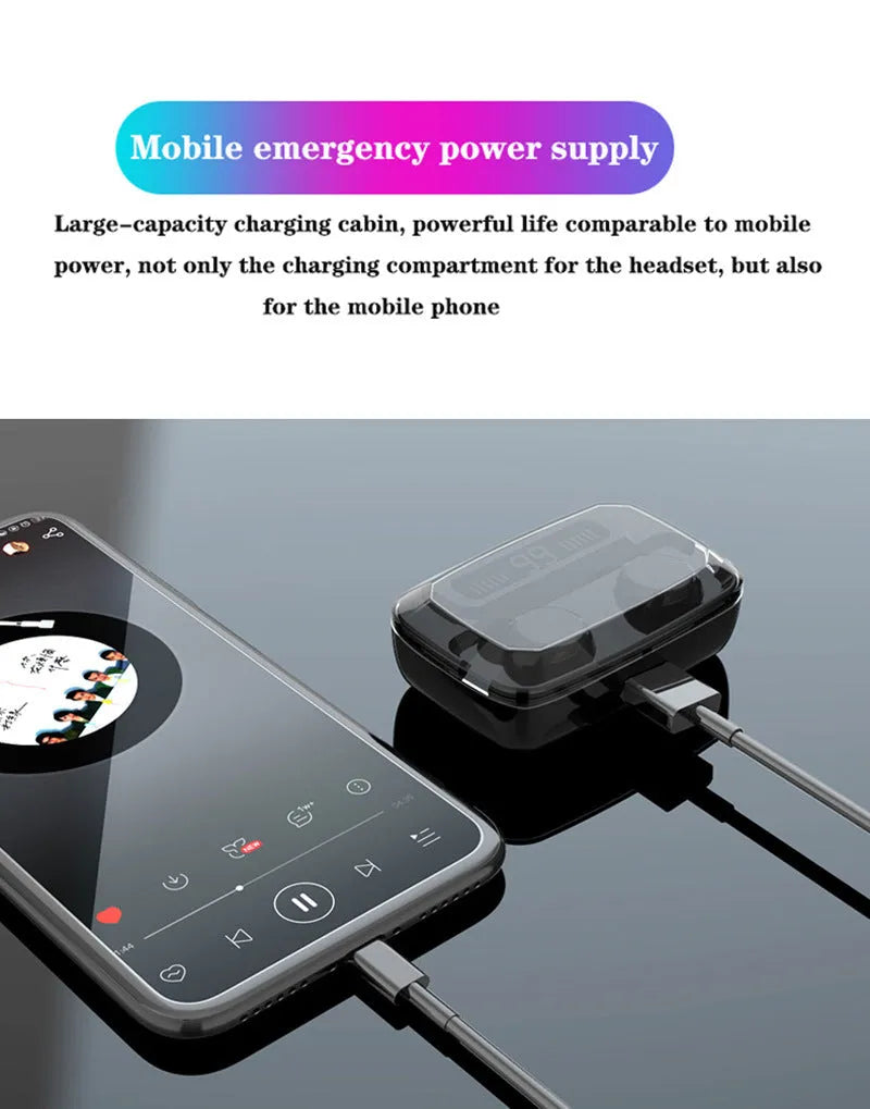 Black M11 wireless Bluetooth headset with digital power display and charging compartment