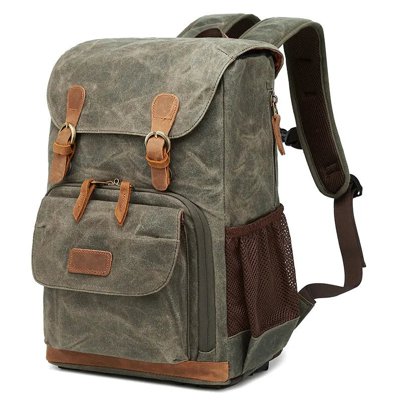 Canvas DSLR camera backpack in khaki colour with backpack straps and protective features