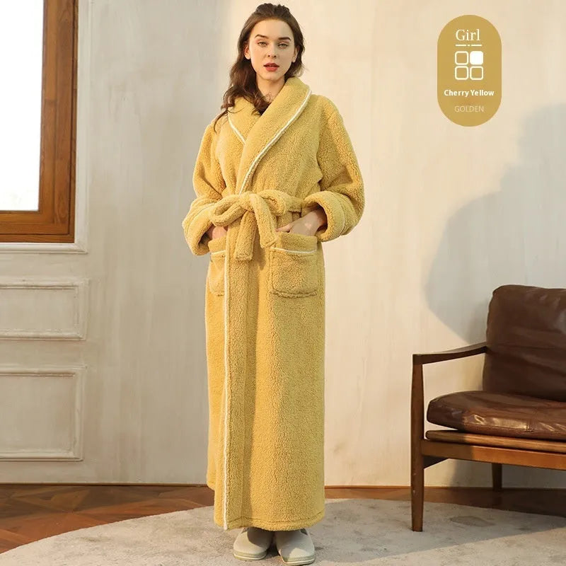 Winter bathrobe in thick polyester flannel fabric showing colour options and plus size fit for cold weather sleepwear