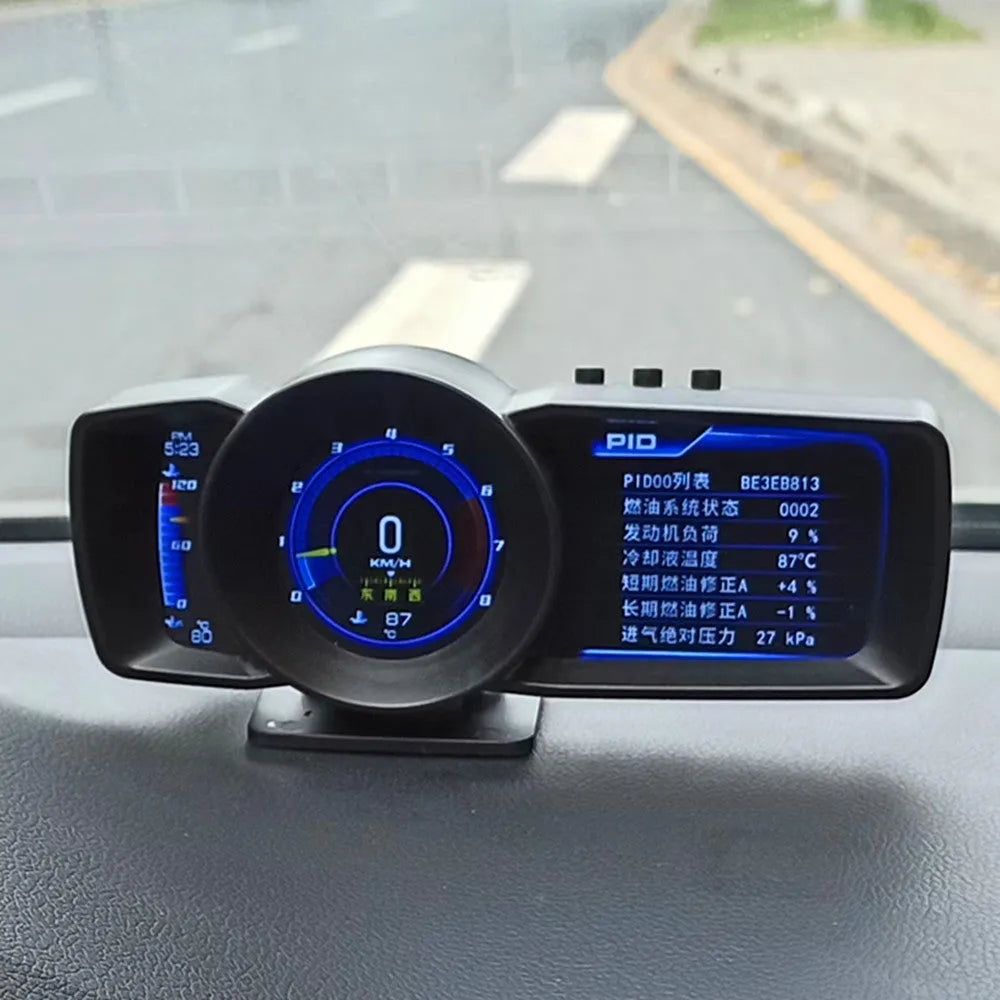 A600 OBDII monitor driving computer with HD screen showing vehicle diagnostics and GPS navigation display