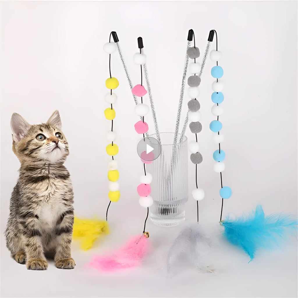 Blue cat feather teaser stick with bell measuring 31cm long for interactive play